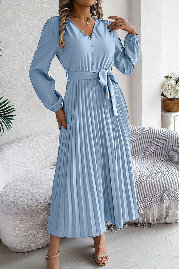 Color V-neck Buttoned Lace-up Pleated Maxi Dress