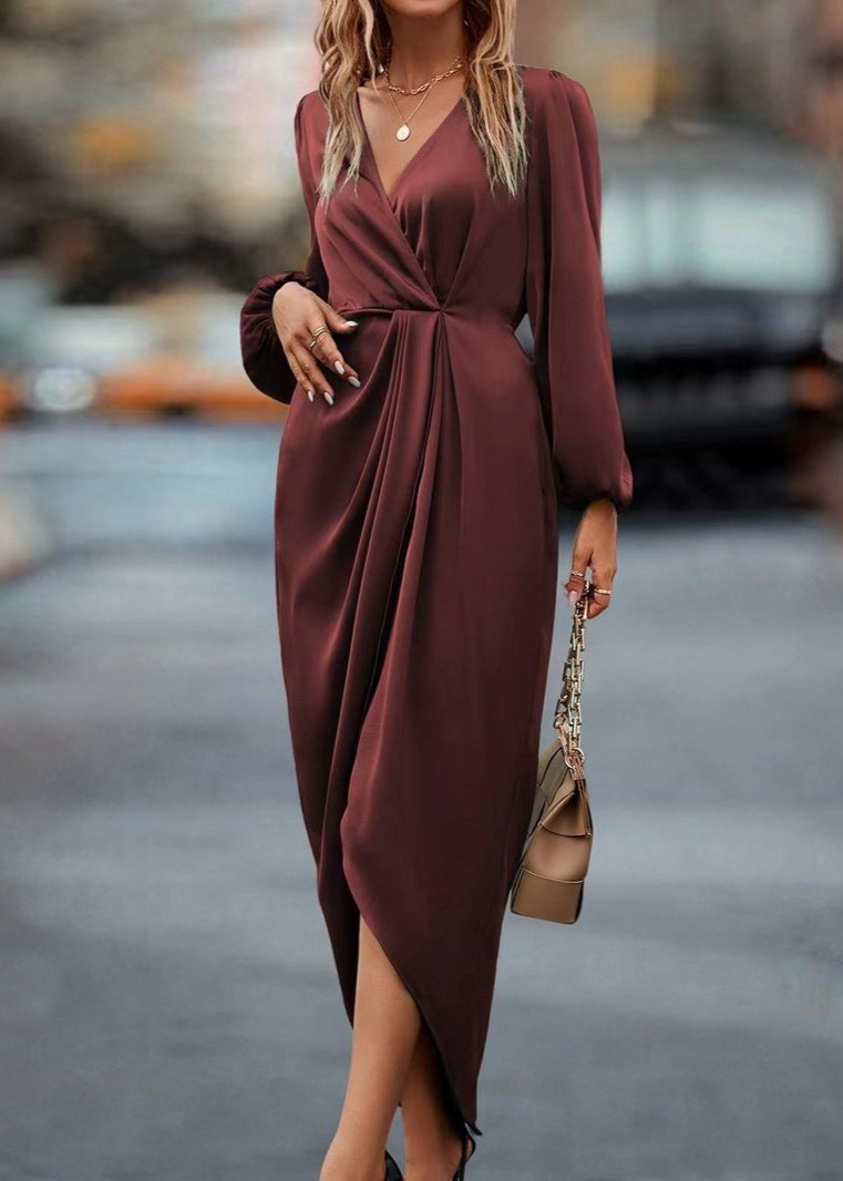 Red Draped V-neck Midi Dress