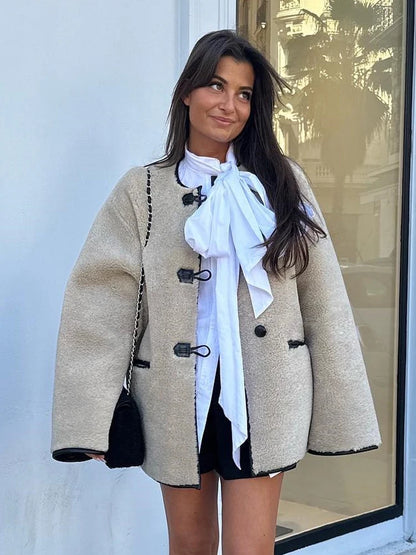 Round Neck Furry Jacket for New Autumn Winter Single Breasted Pocket Coat Female Warm Fleece Lady Outerwear