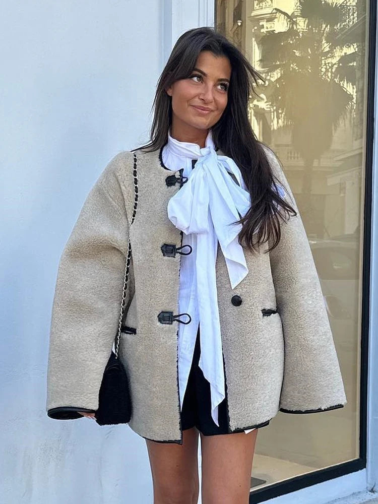 Round Neck Furry Jacket for New Autumn Winter Single Breasted Pocket Coat Female Warm Fleece Lady Outerwear
