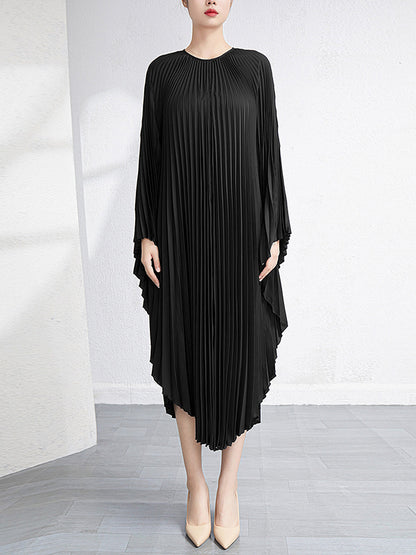 Batwing Sleeves Loose Pleated Color Maxi Dresses