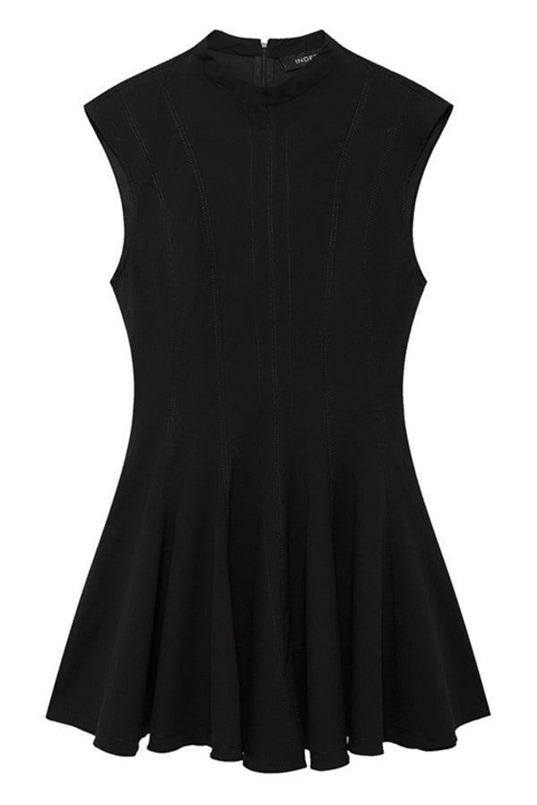 Color Round Neck Sleeveless Waist Mini Dress