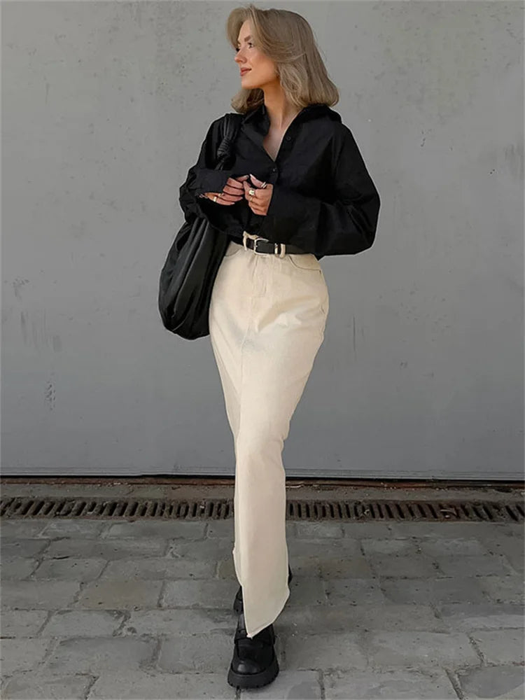High Waist Split Maxi Skirt for Patchwork Pocket High Street Long Skirt Female Zipper Slim Maxi Skirt