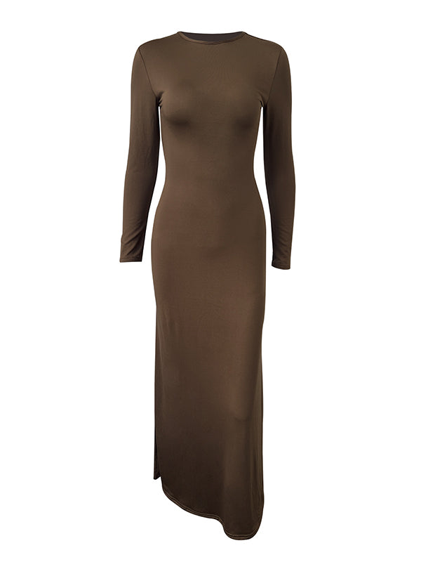 Bodycon Long Sleeves Backless Hollow Color Split-side Round-neck Maxi Dresses