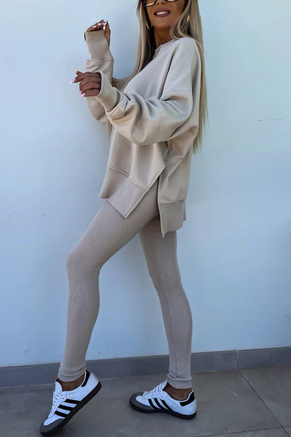 Color Loose Long Sleeve Slitsweatshirt and Elastic Waist Tight Pants Set