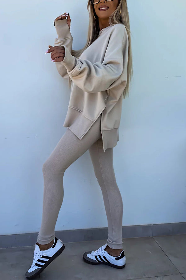 Color Loose Long Sleeve Slitsweatshirt and Elastic Waist Tight Pants Set