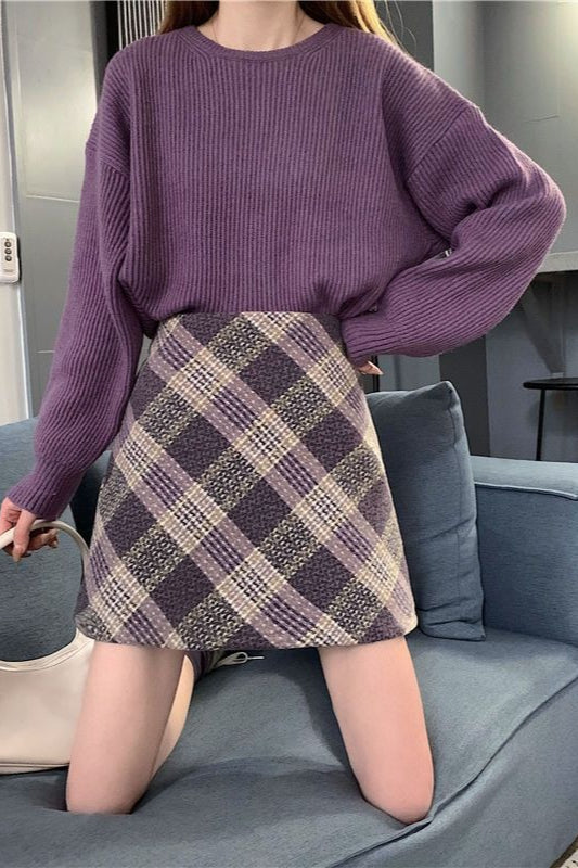 Wool Plaid High Waist A-line Skirt