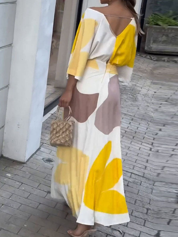 Loose Raglan Sleeve High-waisted Printed Deep V-neck Maxi Dresses