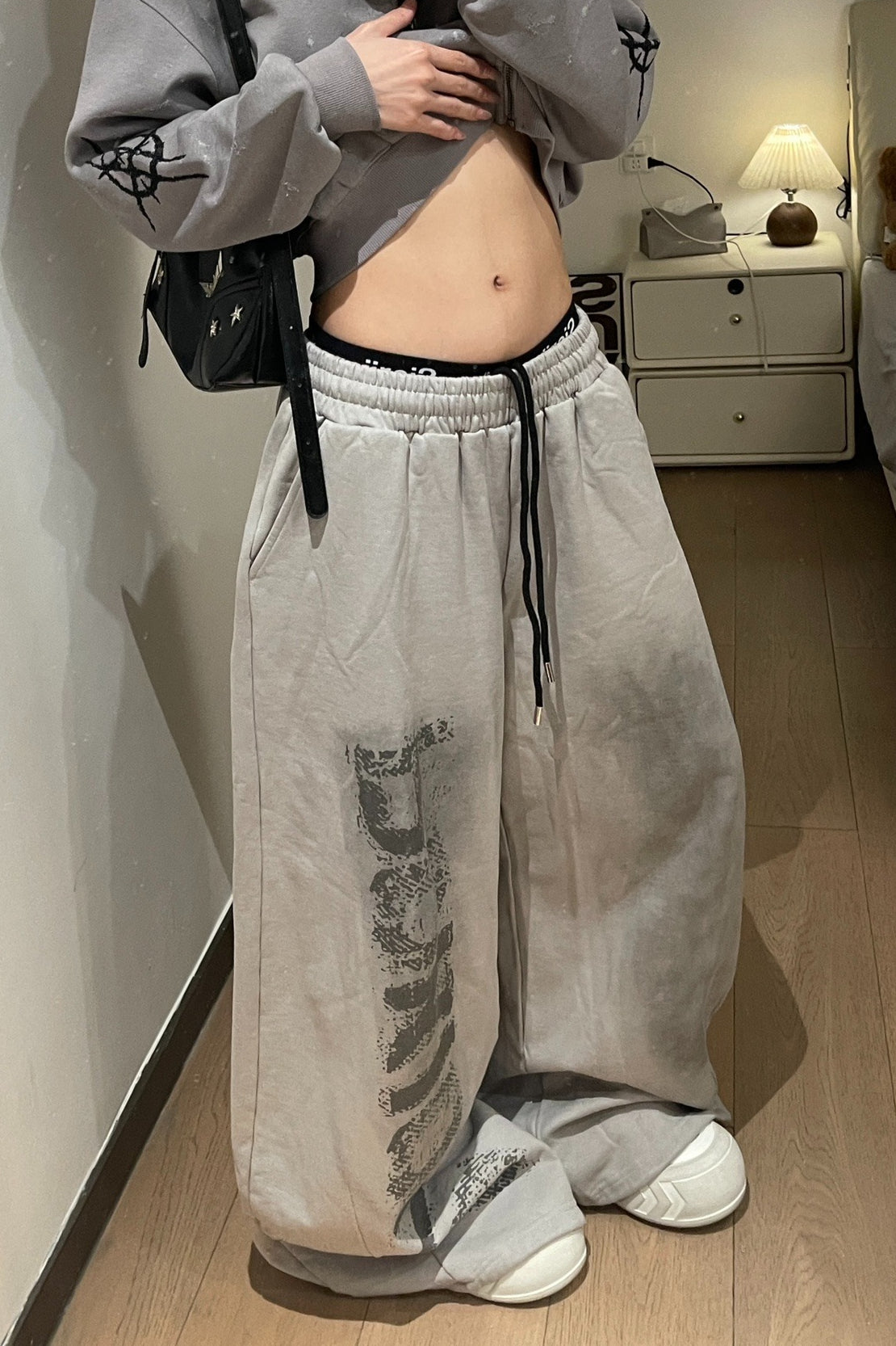 Letter Print Tie Wide Leg Sweat Pants