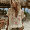 Vintage Floral Embroidery Art V Neck Linen Comfy Shirt elevenforest
