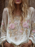 Women's Embroidered Flower White Round-neck Long-sleeved Shirt elevenforest
