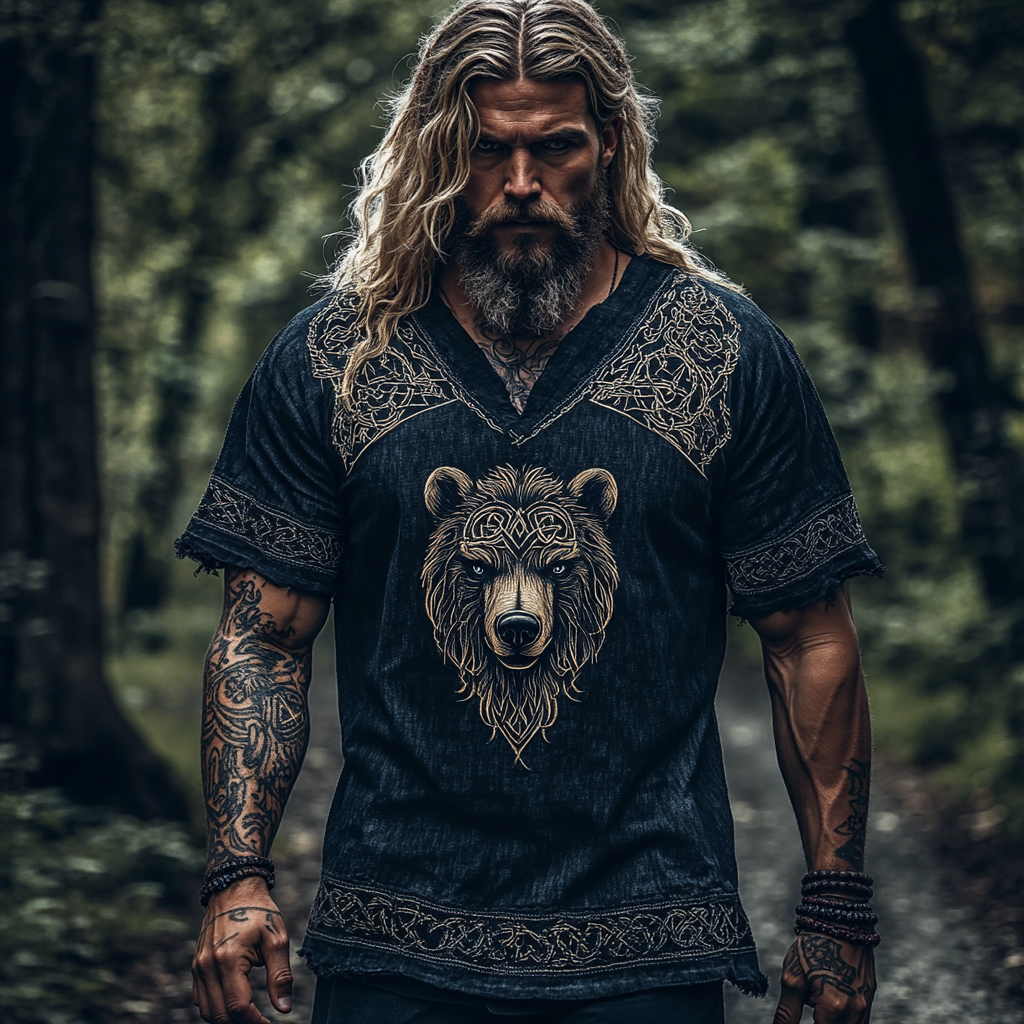 Men's Nordic Viking Mythology Bear Head Celtic Totem T-shirt elevenforest
