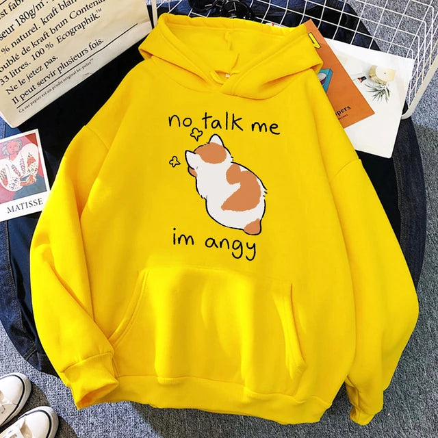 No Talk Me Angry Cat Print Hoody Hip Hop Soft Sweatshirt Fleece Sweatshirt Oversize Fleece