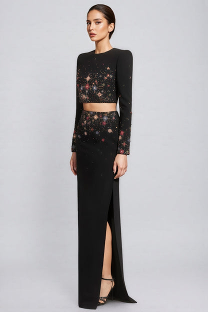 Keirt Black Rhinestone Stud Maxi Dress Set