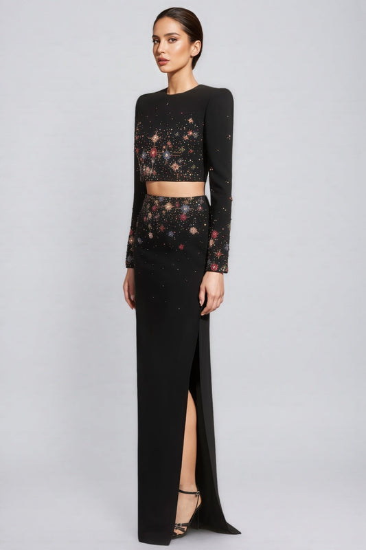 Keirt Black Rhinestone Stud Maxi Dress Set
