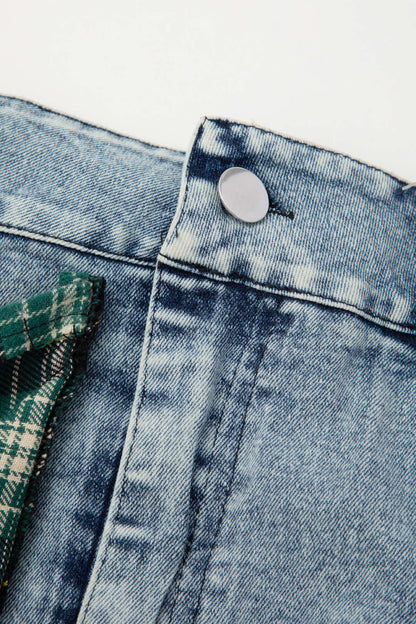 Asymmetric Check Patchwork Denim Mini Skirt