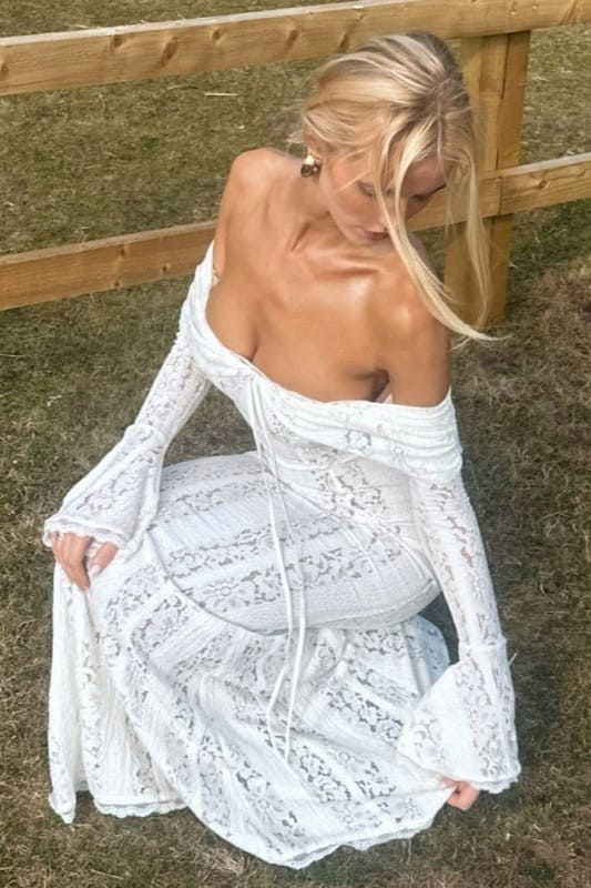 Off Shoulder Lace Flare Sleeve Fitted Train Maxi Dress
