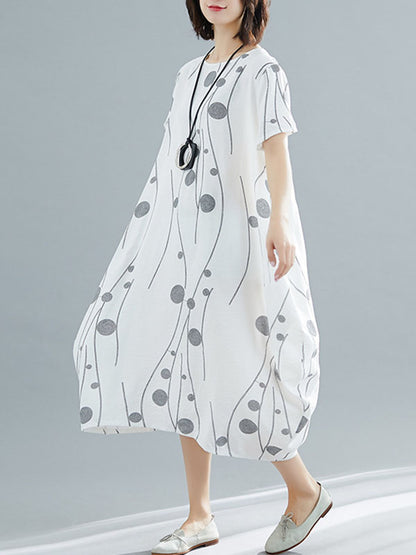 Loose Short Sleeves Printed Round-neck Midi Dresses