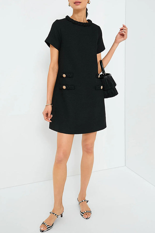 Confident and Tweed Fabric Braided Trim Button Shift Mini Dress