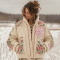 Comstylish Women's Vintage Floral Patchwork Cozy Stand Collar Knit Sweater