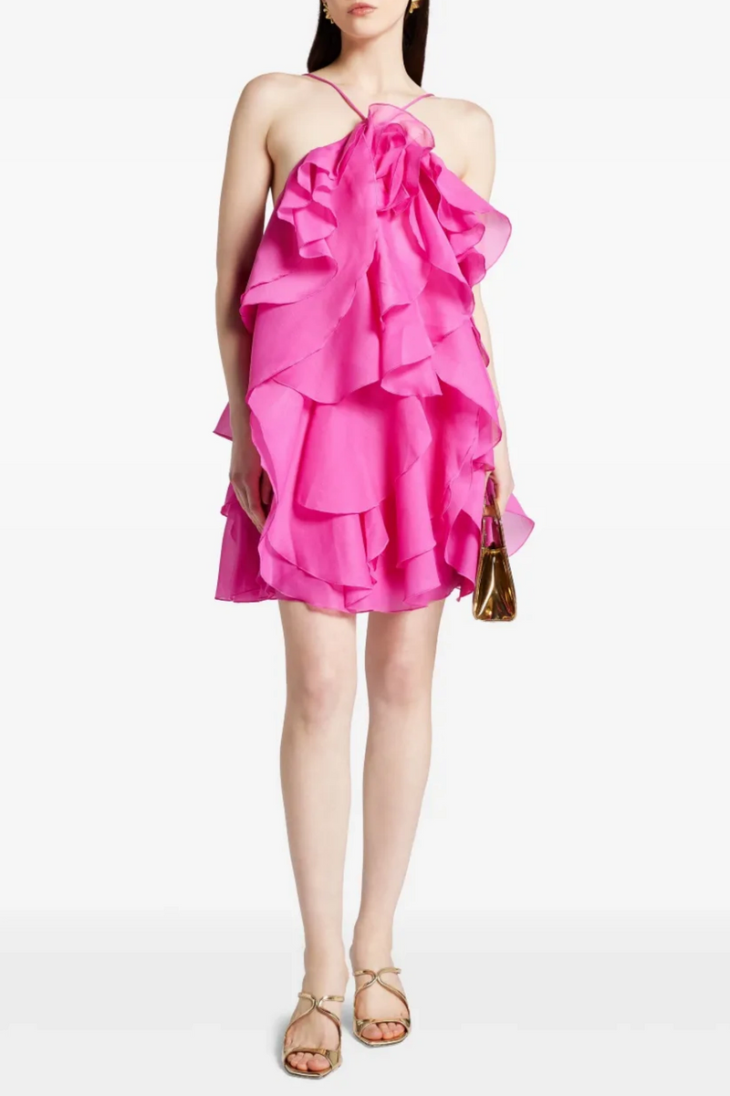 Caysie Halter Ruffle Layered Mini Dress - Fuchsia