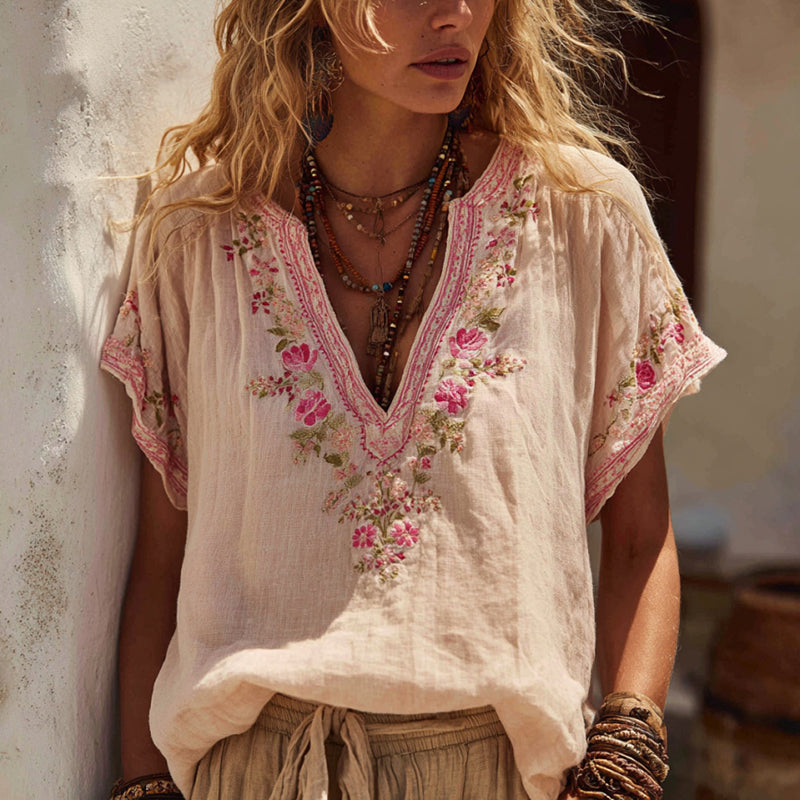 Women's Floral Embroidery Art V Neck Linen Blend Shirt elevenforest