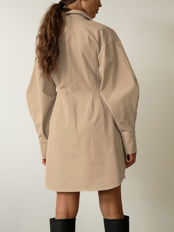 Fold Pleated Detail Shirt Long Sleeve Mini Dress