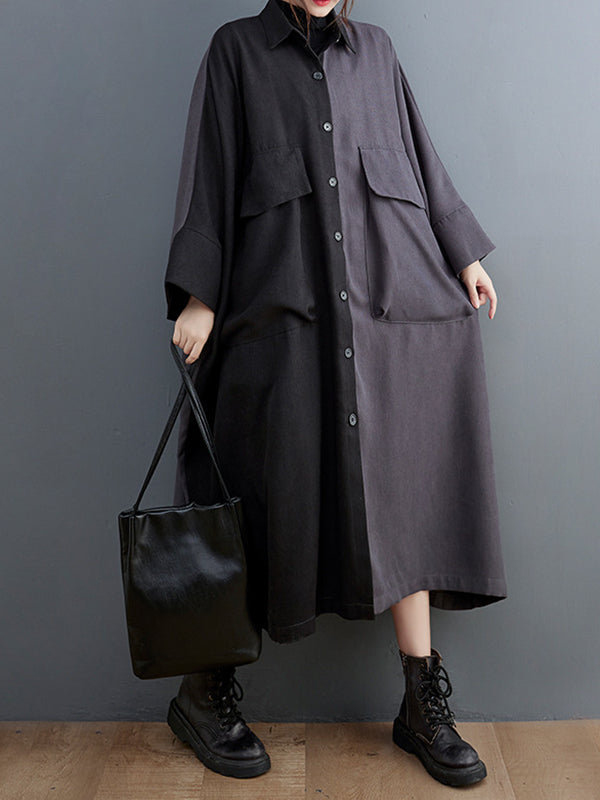 Long Sleeves Loose Buttoned Contrast Color Split-joint Lapel Collar Midi Dresses