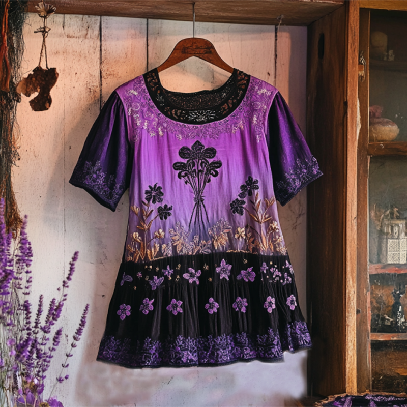 Bohemian Lavender Embroidery Patchwork Art Linen Short Sleeve T-shirt elevenforest