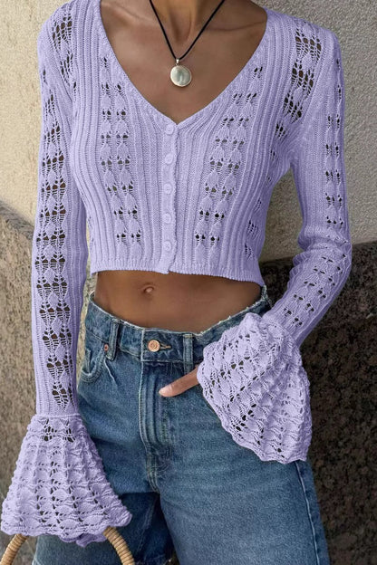 Cutout V-neck Short Long-sleeve Knit Cardigan