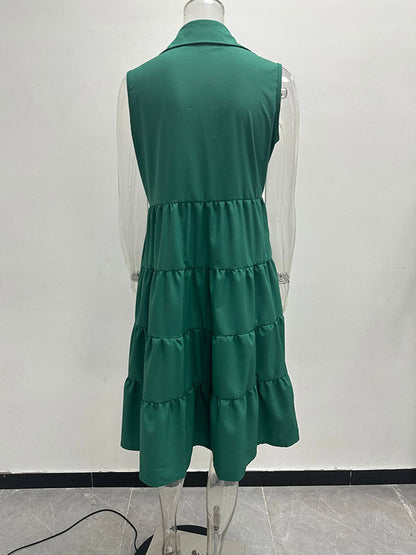 A-line High Waisted Buttoned Pleated Pockets Color Lapel Mini Dresses