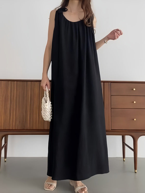 High Waisted Loose Pleated Color Tied Round-neck Maxi Dresses