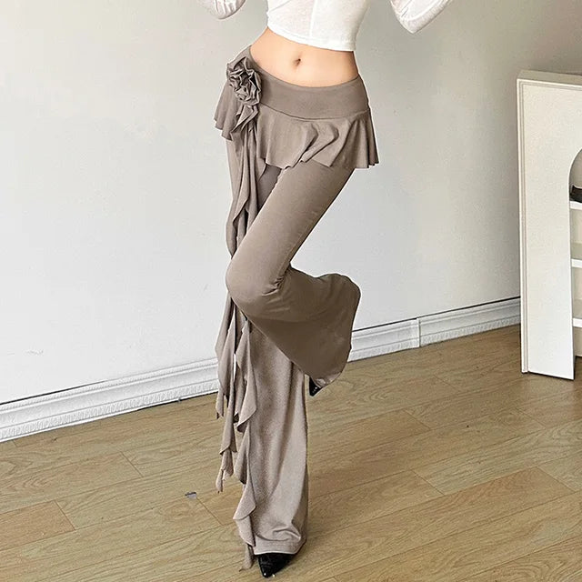 Flower Ribbons Straight Pants for Color High Strecth Folds Patchwork Female Summer Trousers