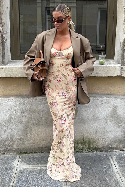 Low Cut U-neck Print Slit Cami Maxi Dress