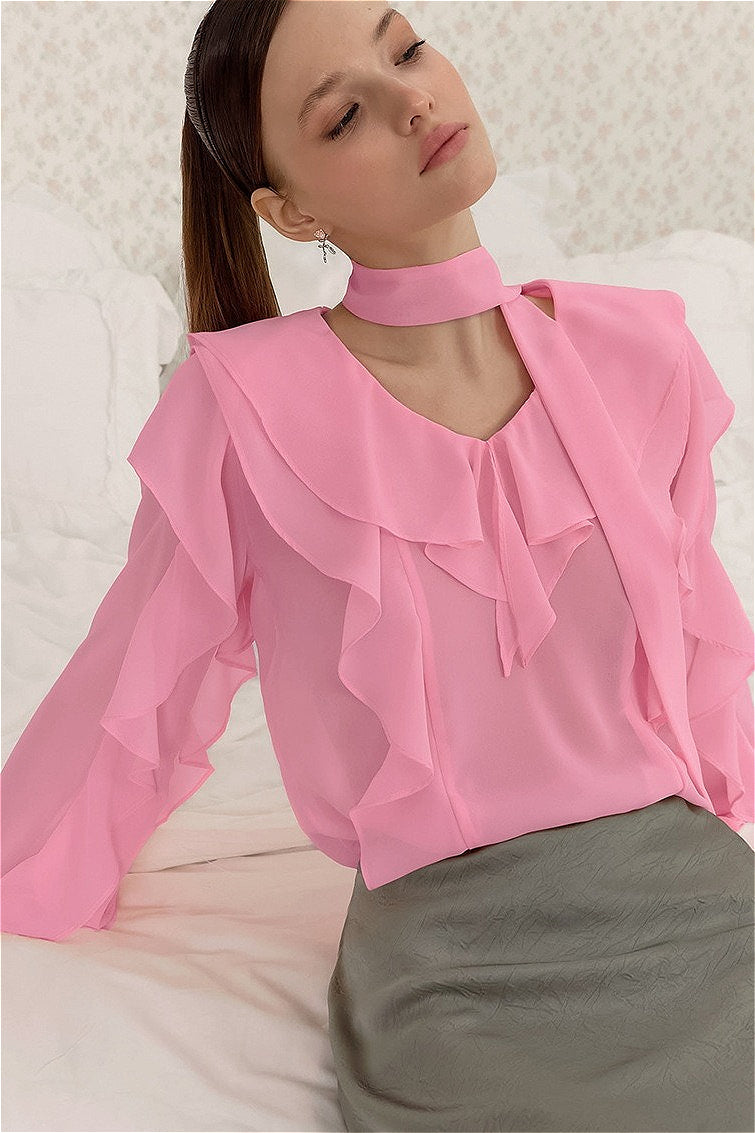 Chiffon Ruffled Tie Blouse