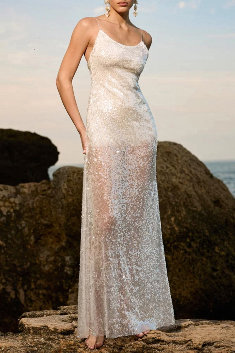 Patchwork Sheer Backless Cami Sequin Maxi Dress