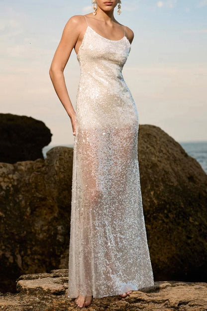 Patchwork Sheer Backless Cami Sequin Maxi Dress