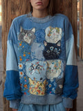 Cute Cats Boho Floral Embroidered Patchwork Washed Sweatshirt elevenforest
