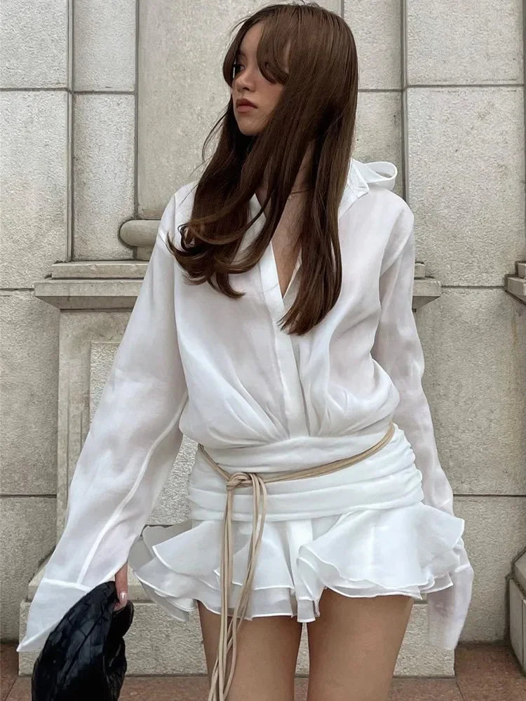 New White Chiffon Dress for Ruffled Pleated Mini Dress See-through Loose Oversized Shirt Dress Cover-up