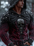 Rock And Roll Studded Metal Skull Art Men's Chunky Knit Hooded Sweater artswardrobe