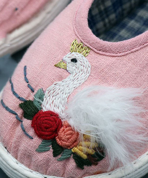 Pink Linen Fabric Flat Shoes for Embroidery Splicing Buckle Strap
