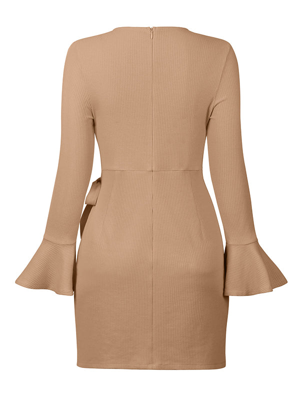Simple Long Sleeves Skinny Tied Falbala Color Round-neck Mini Dresses
