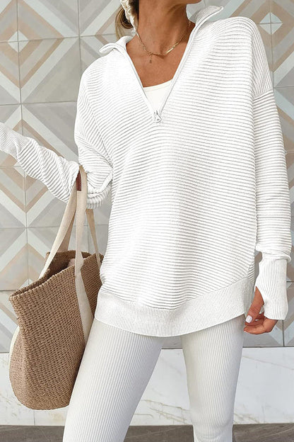 Half-zip V-neck Relaxed Rib-knit Sweater