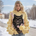Comstylish Women's Vintage Black Cat And Lace Art Knitted Warm Cazy Hooded Sweater