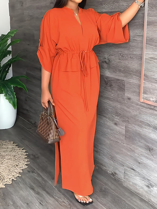 Loose Drawstring Color Split-side V-neck Maxi Dresses