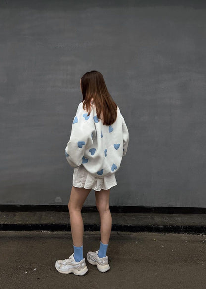 Amour – White Sweatshirt With Blue Heart Appliqués