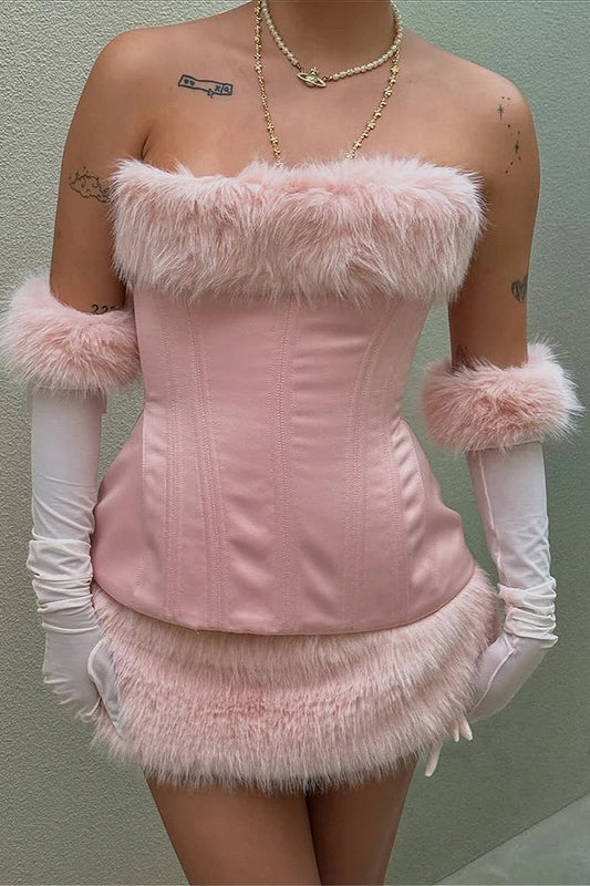 Fuzzy Paneled Tie Waist Mini Dress