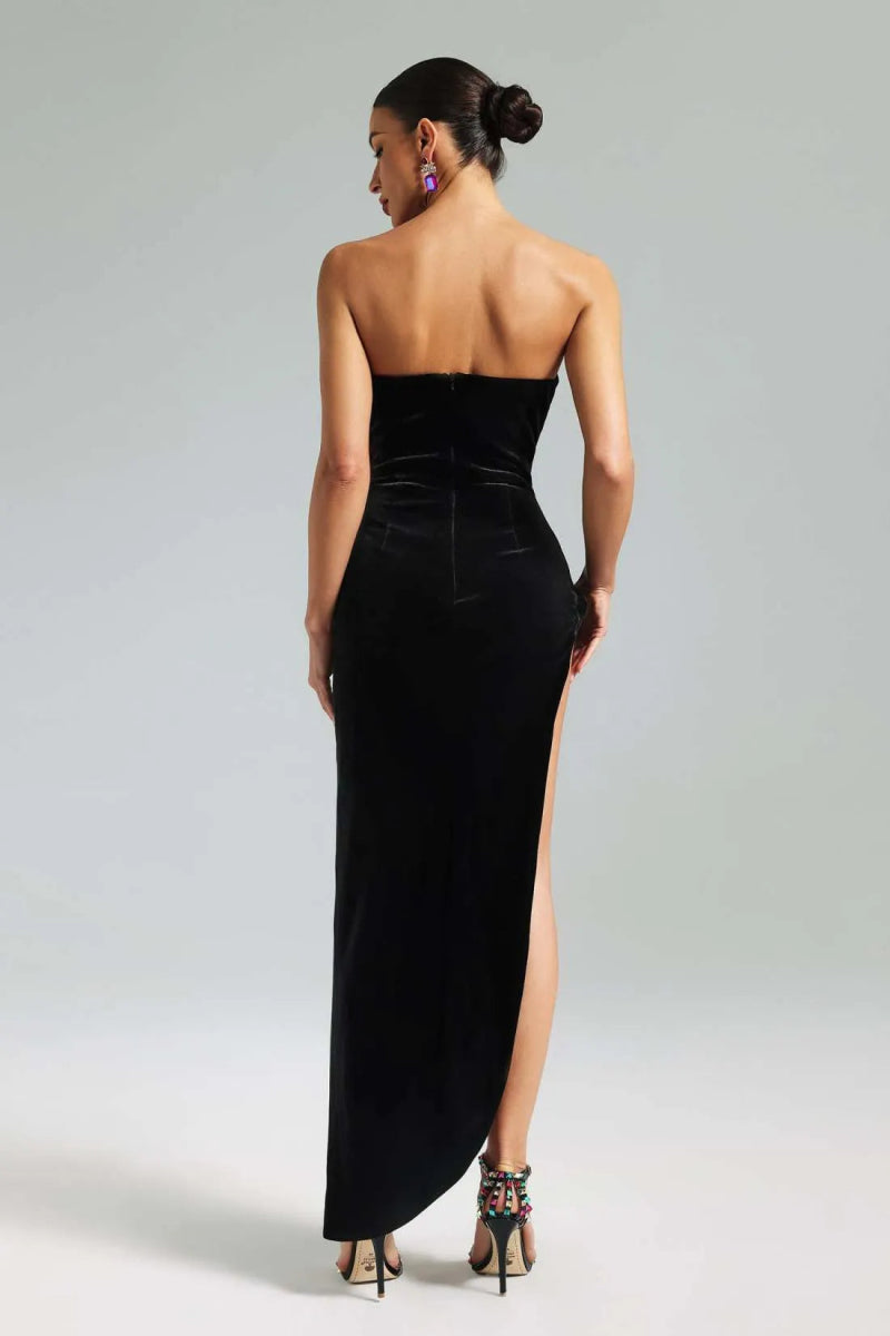 Barbara Velvet Flower Asymmetrical Maxi Dress