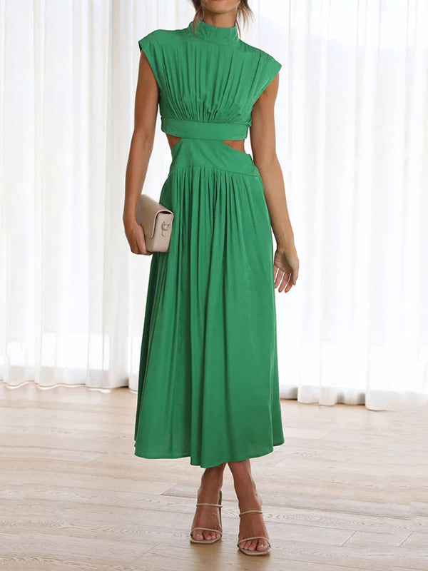 Cap Sleeve Belly-hollow Pleated Color Stand Collar Maxi Dresses