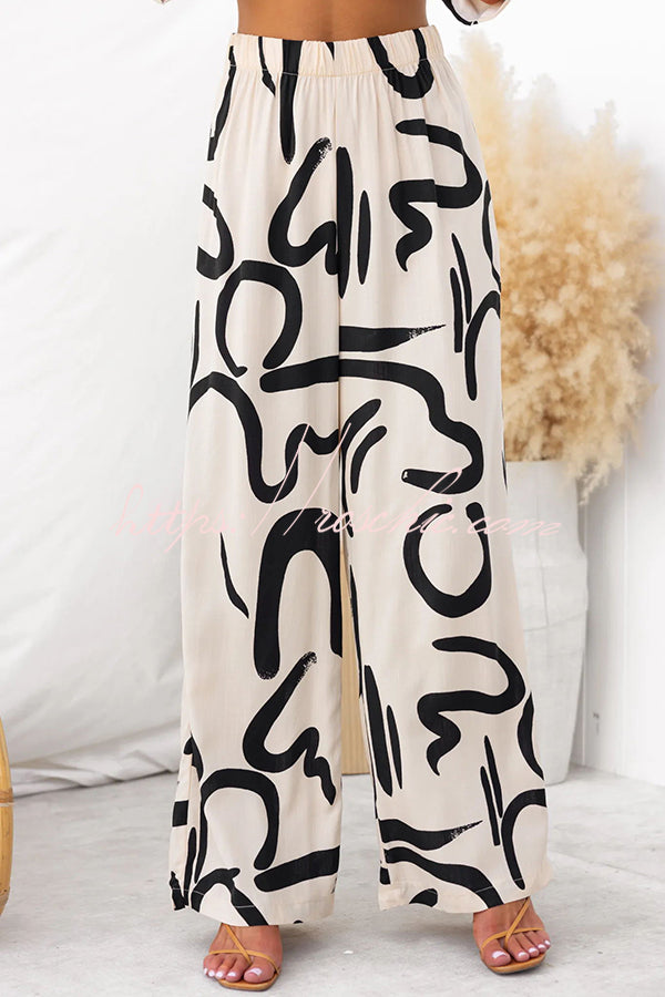 Irregular Printed Button Pocket Long Sleeved Shirt and Elastic Waist Pants Set